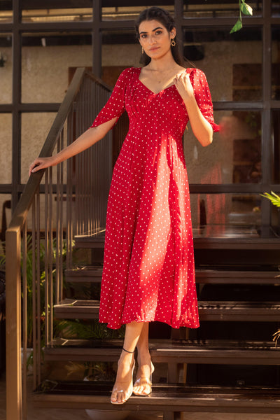 REDDISH POLKA DRESS - Sarnya