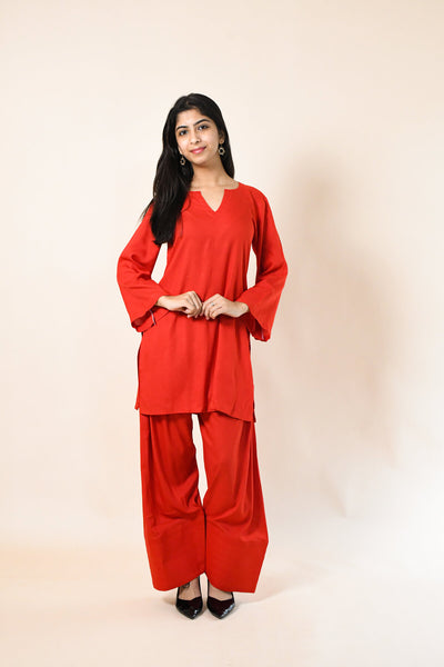 RED RAYON ROUND NECK PLAIN KURTA SET WITH PATIALA PANT