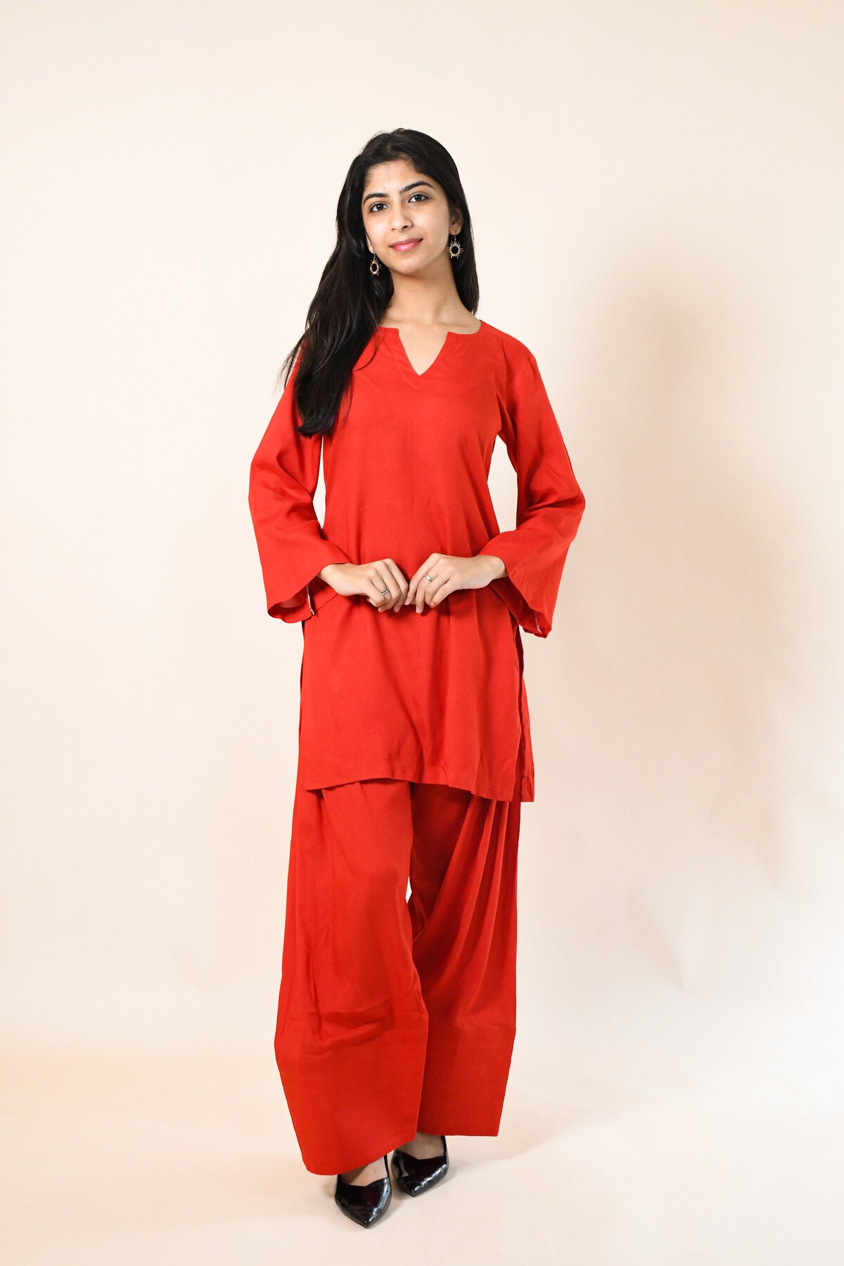 RED RAYON ROUND NECK PLAIN KURTA SET WITH PATIALA PANT