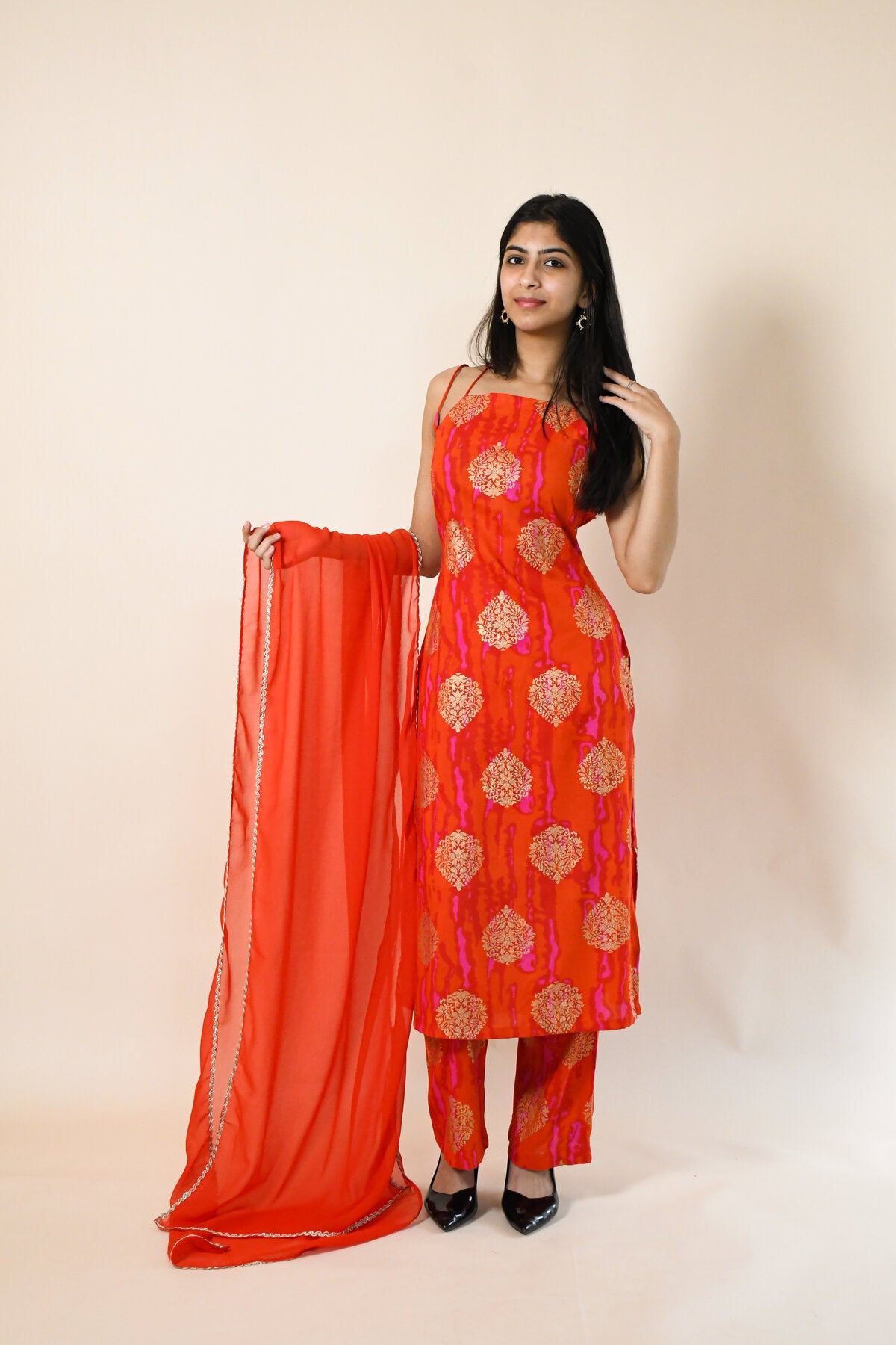 MAHIKA RED RAYON KURTA SET WITH DUPATTA