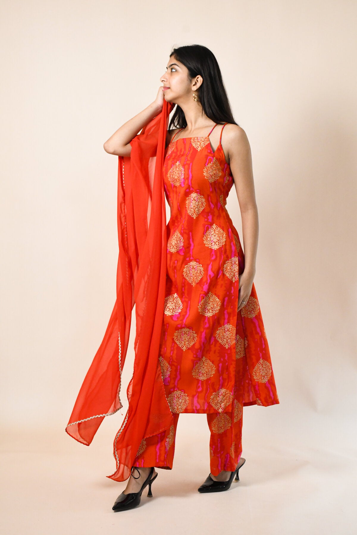 MAHIKA RED RAYON KURTA SET WITH DUPATTA