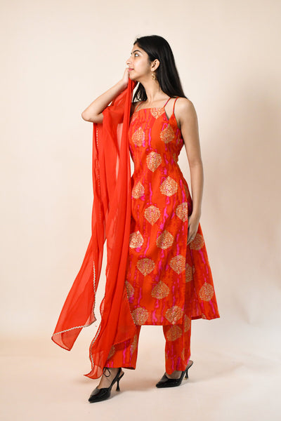 MAHIKA RED RAYON KURTA SET WITH DUPATTA
