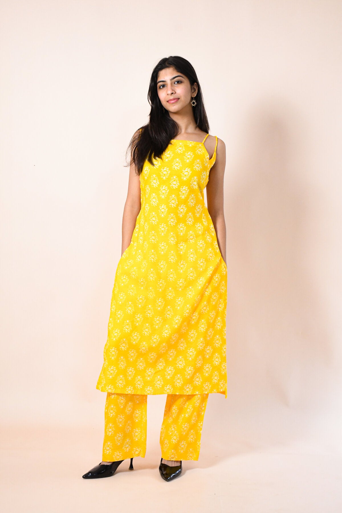 MAHIKA YELLOW RAYON HAND BLOCK PRINTED KURTA SET