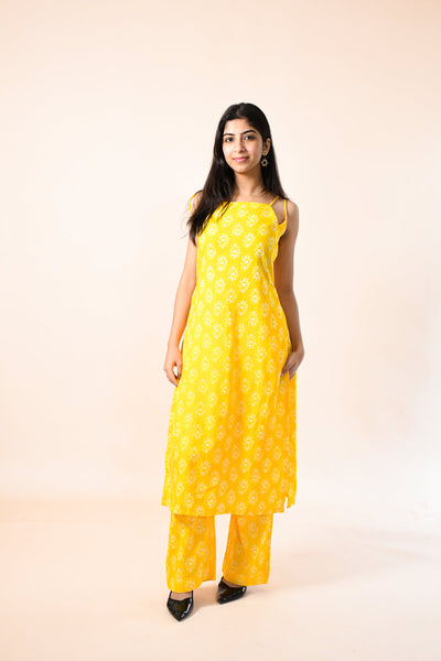 MAHIKA YELLOW RAYON HAND BLOCK PRINTED KURTA SET
