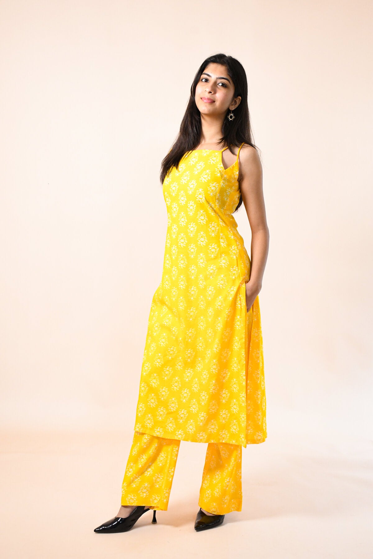 MAHIKA YELLOW RAYON HAND BLOCK PRINTED KURTA SET