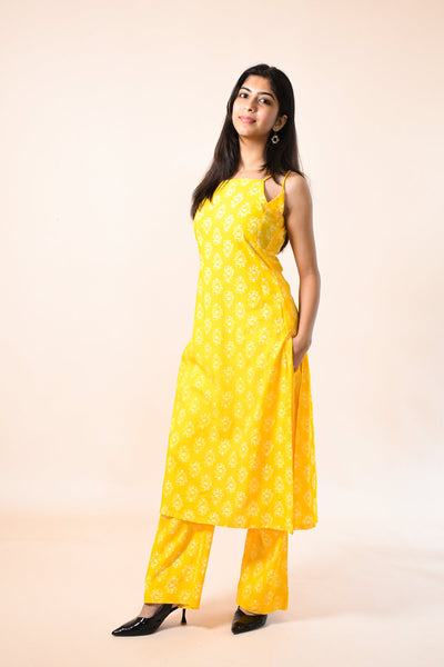 MAHIKA YELLOW RAYON HAND BLOCK PRINTED KURTA SET