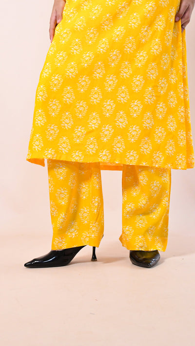 MAHIKA YELLOW RAYON HAND BLOCK PRINTED KURTA SET