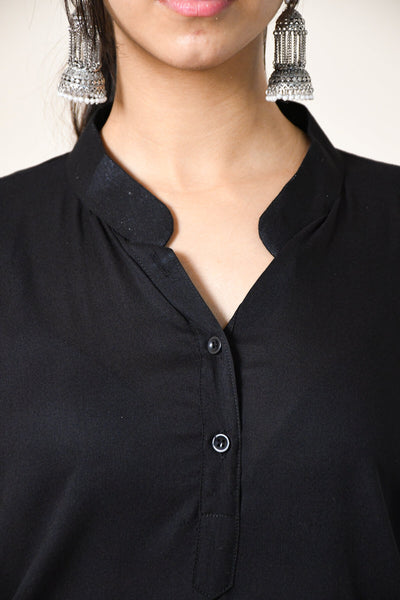 WOMEN SOLID BLACK STRAIGHT KURTA WITH TROUSERS