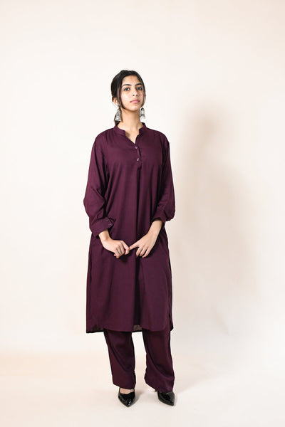 WOMEN SOLID WINE STRAIGHT KURTA WITH TROUSERS