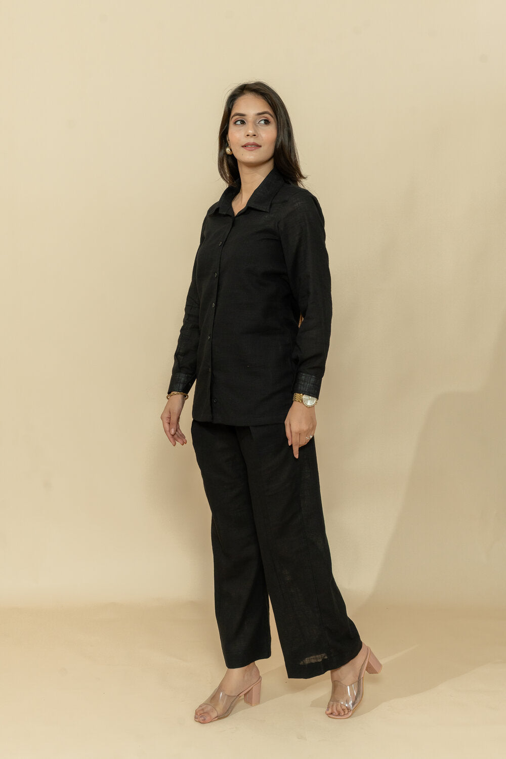 YASHI BLACK SLUB COTTON CO-ORD SET