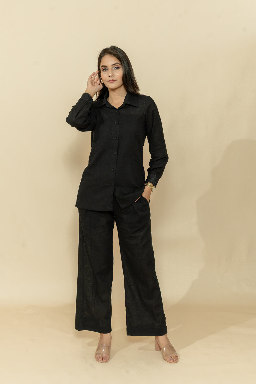 YASHI BLACK SLUB COTTON CO-ORD SET