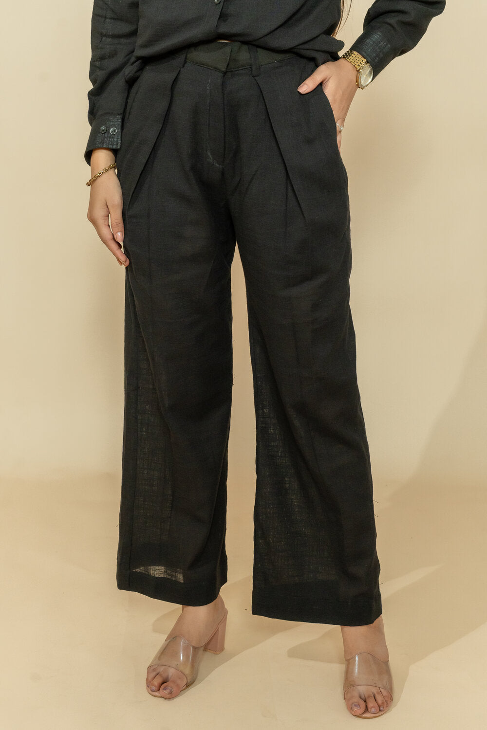 YASHI BLACK SLUB COTTON CO-ORD SET