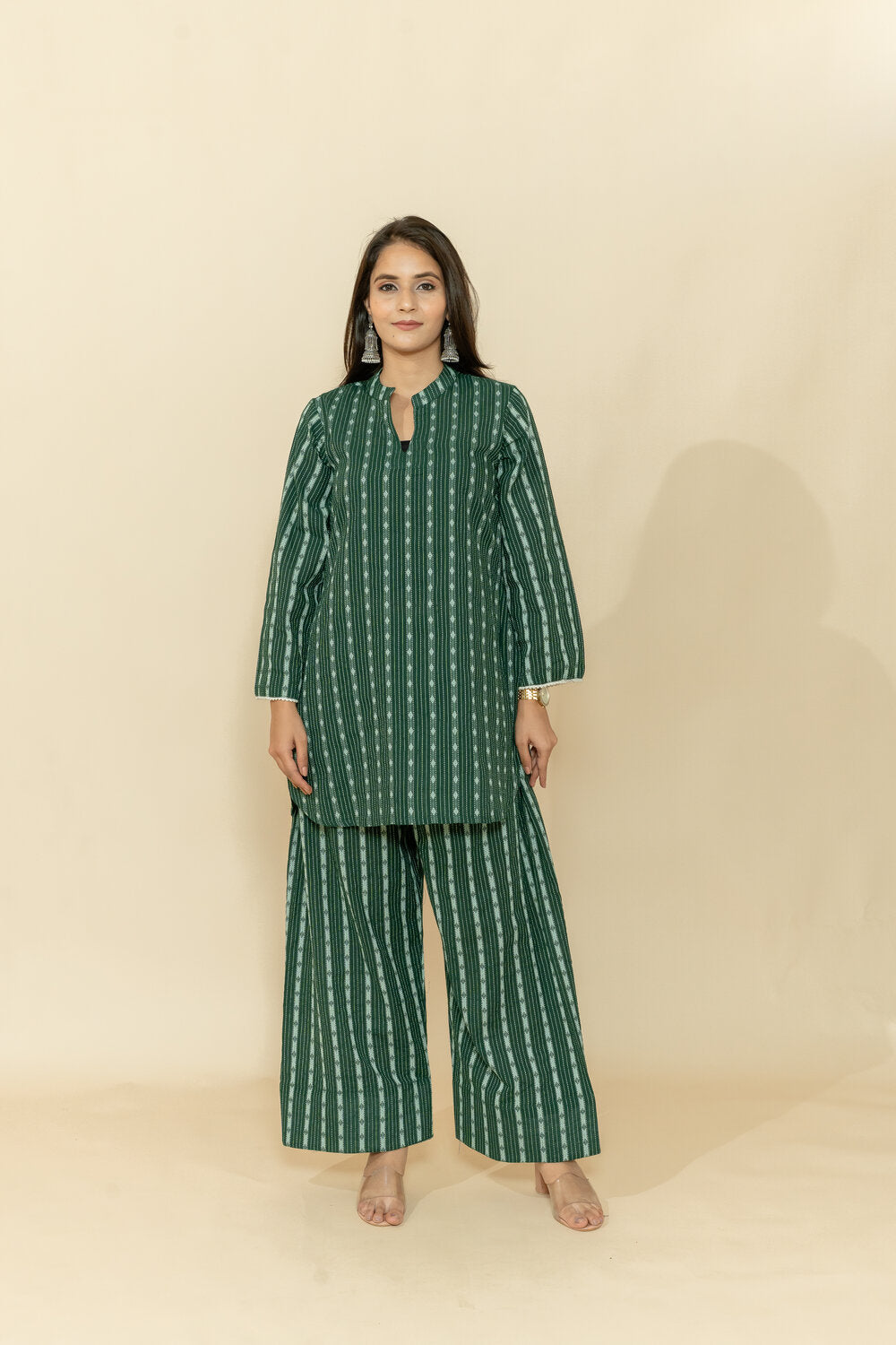 SUDHA GREEN PRINTED KATHA COTTON CO-ORD SET