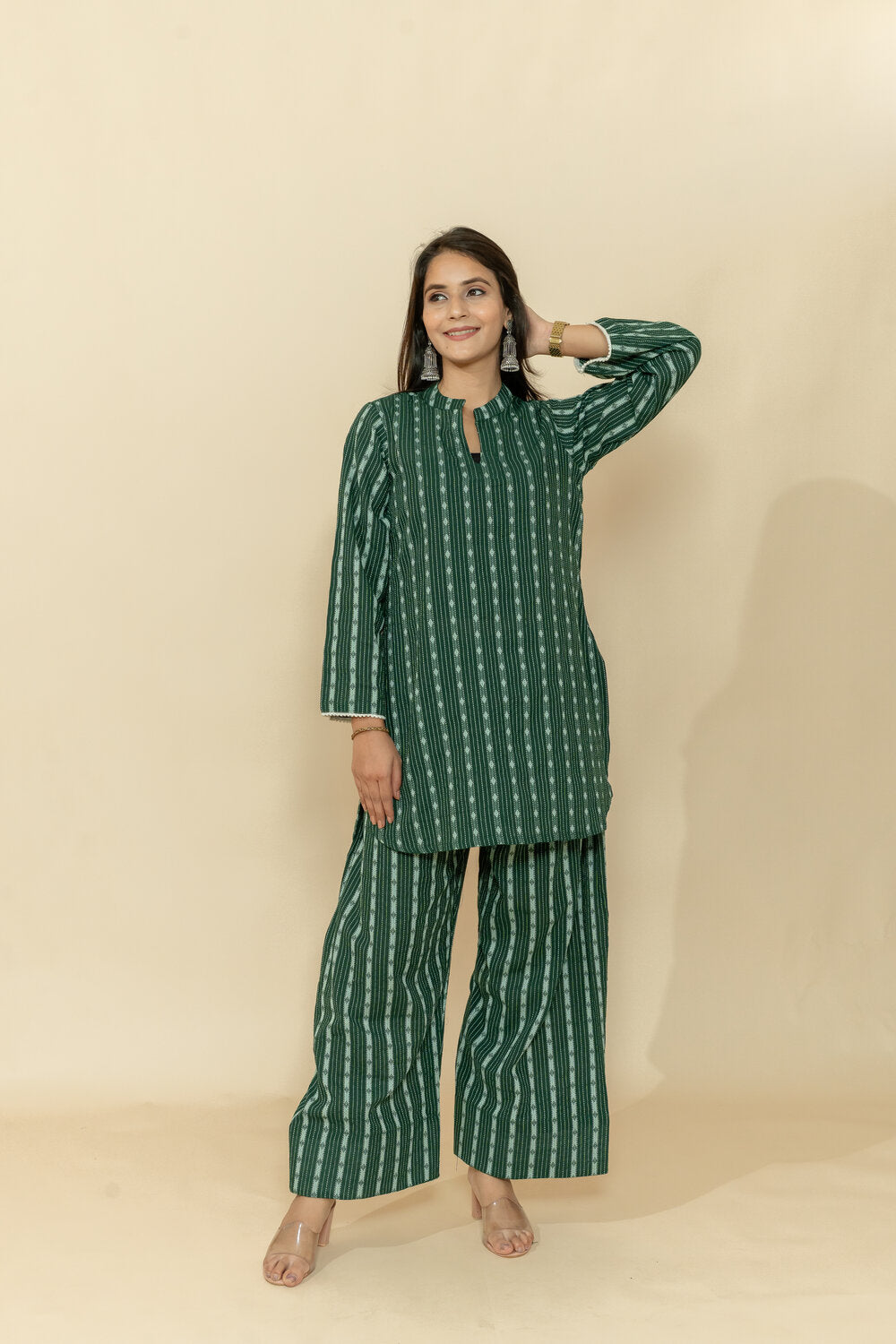 SUDHA GREEN PRINTED KATHA COTTON CO-ORD SET