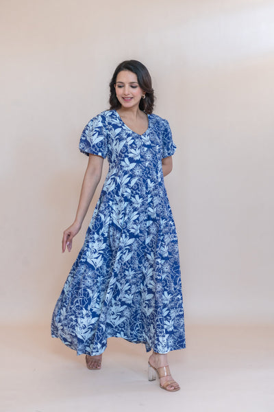 INDIGO FLOWER PRINTED DRESS